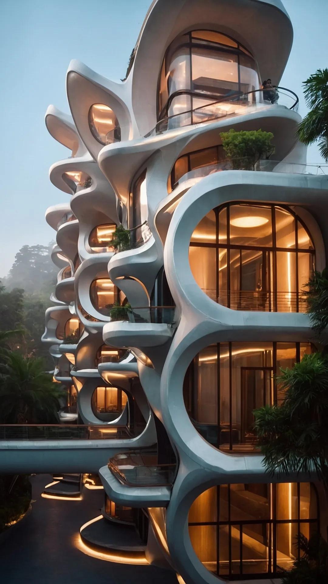 Sculpted facade with rounded terraces and soft internal glow