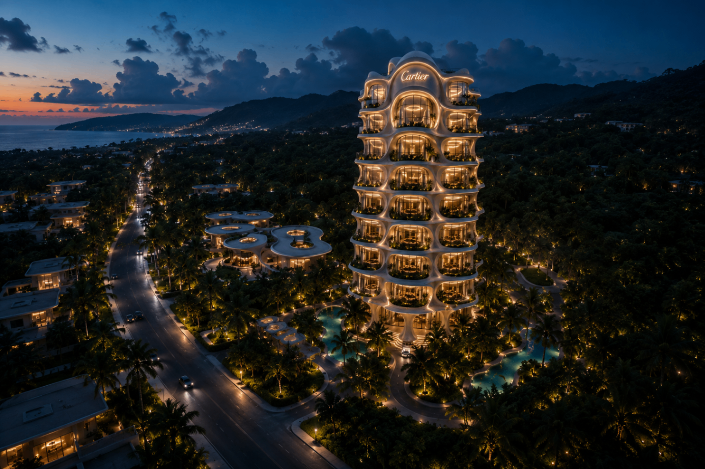 Cartier tower illuminated at night