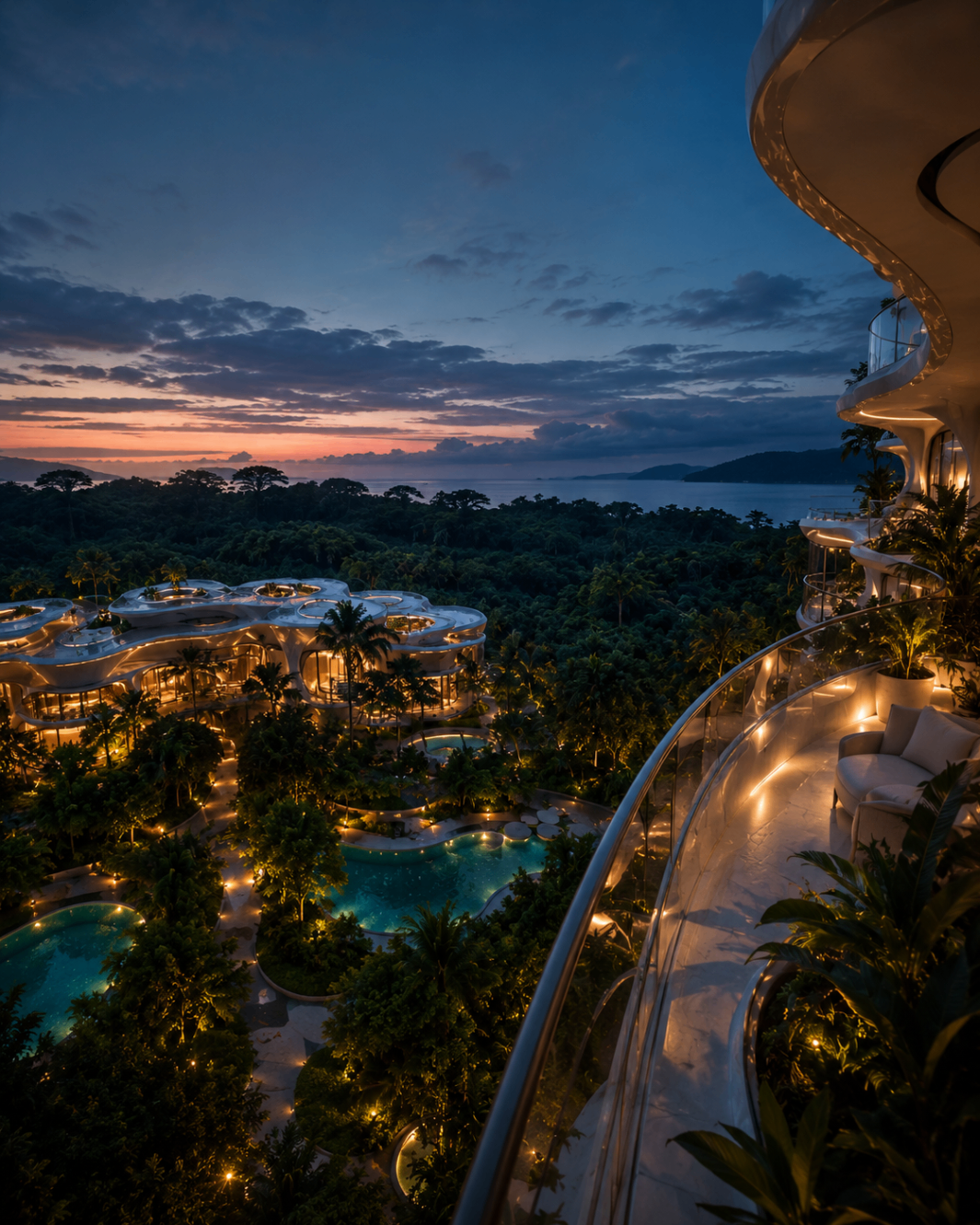 Balcony overlooking the estate at dusk