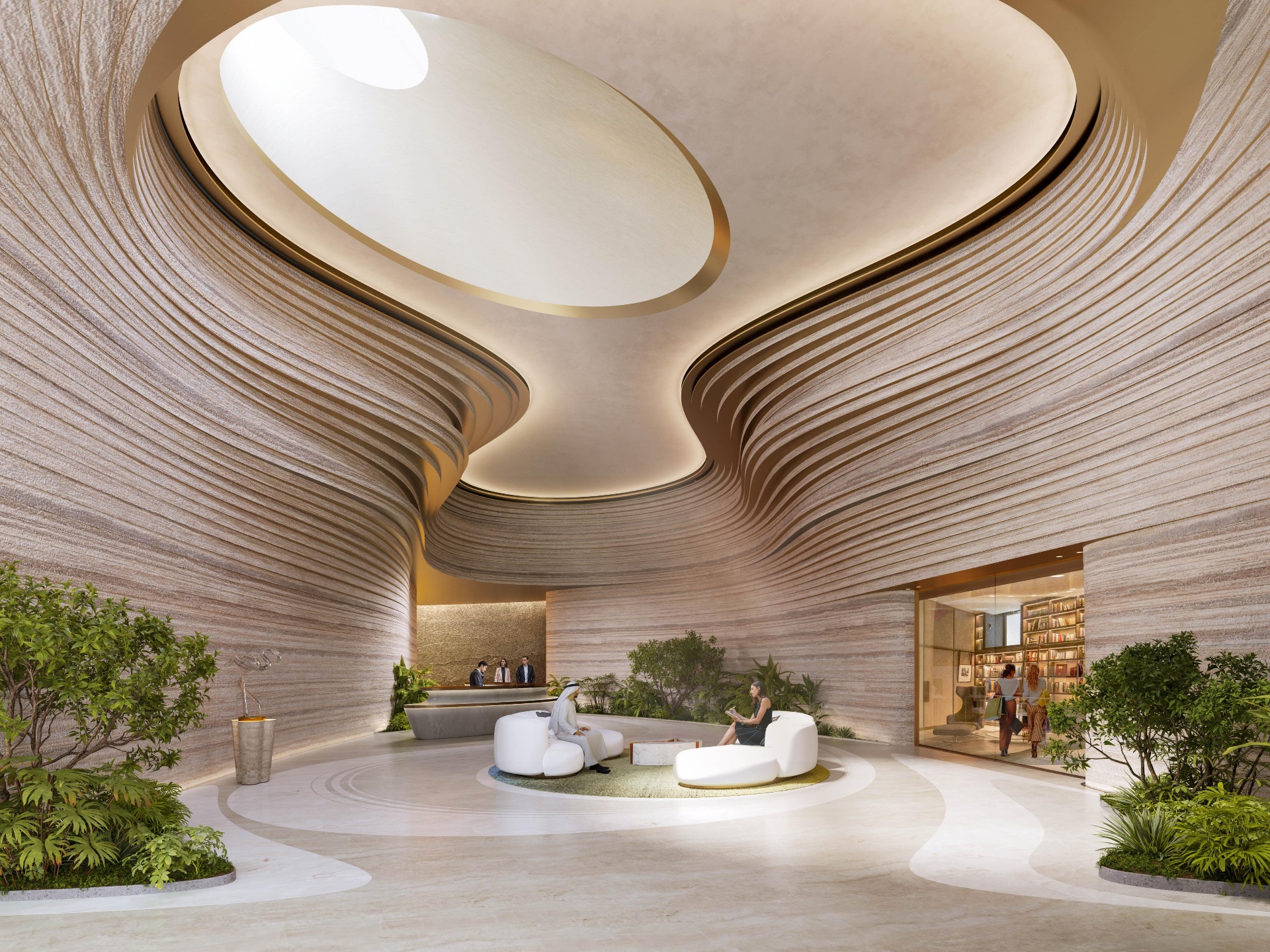 Grand Cartier lobby with sculpted layered stone walls and soft circular skylight