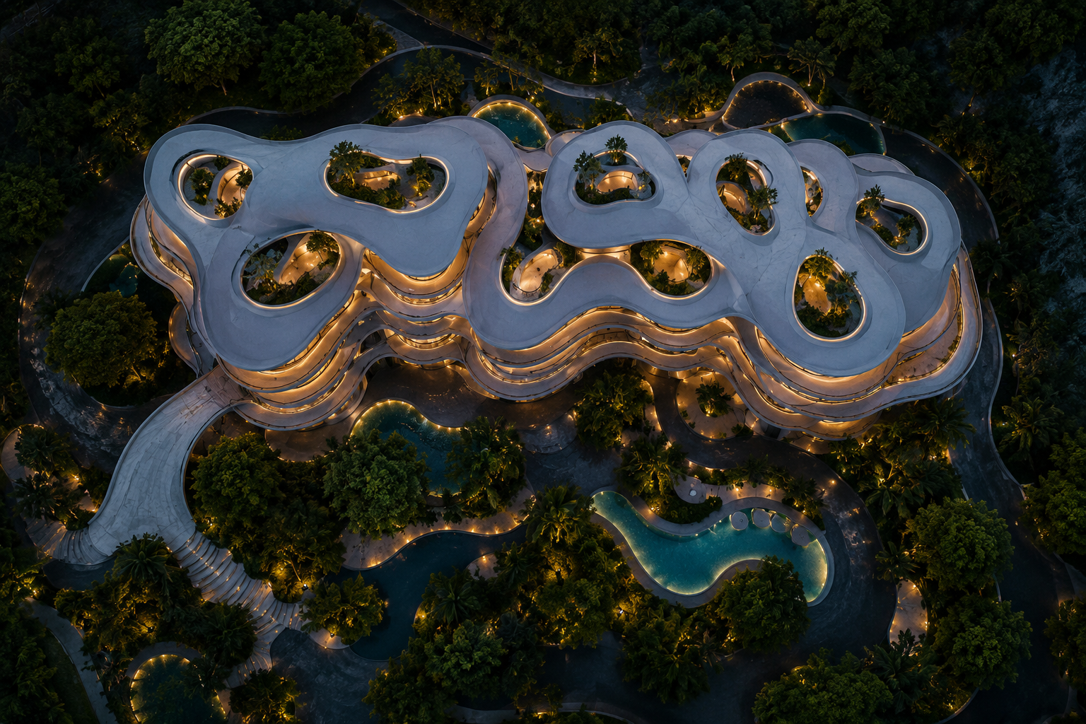 Aerial view of the Cartier estate woven through gardens and water bodies