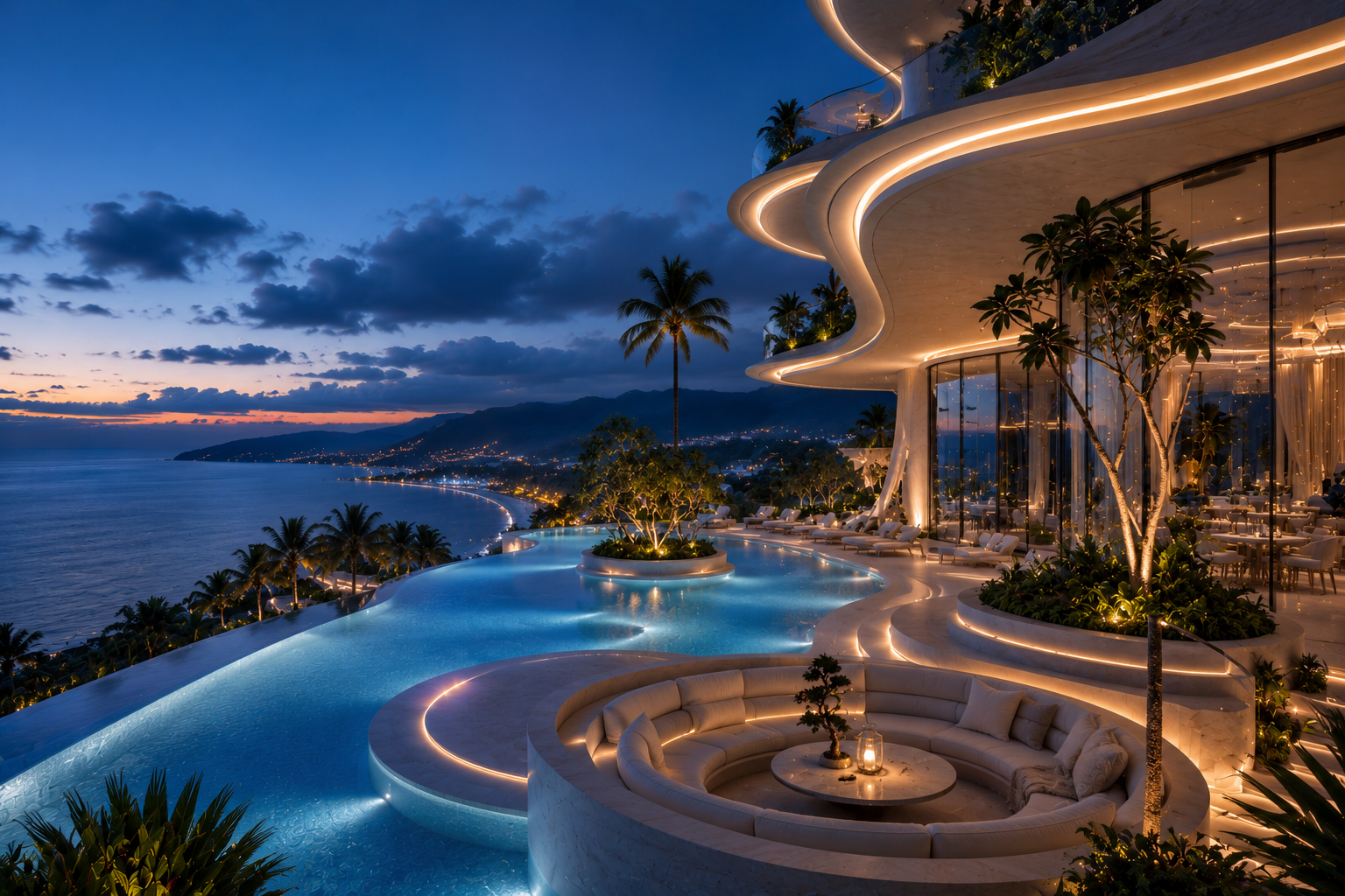 Water garden terraces glowing softly at dusk
