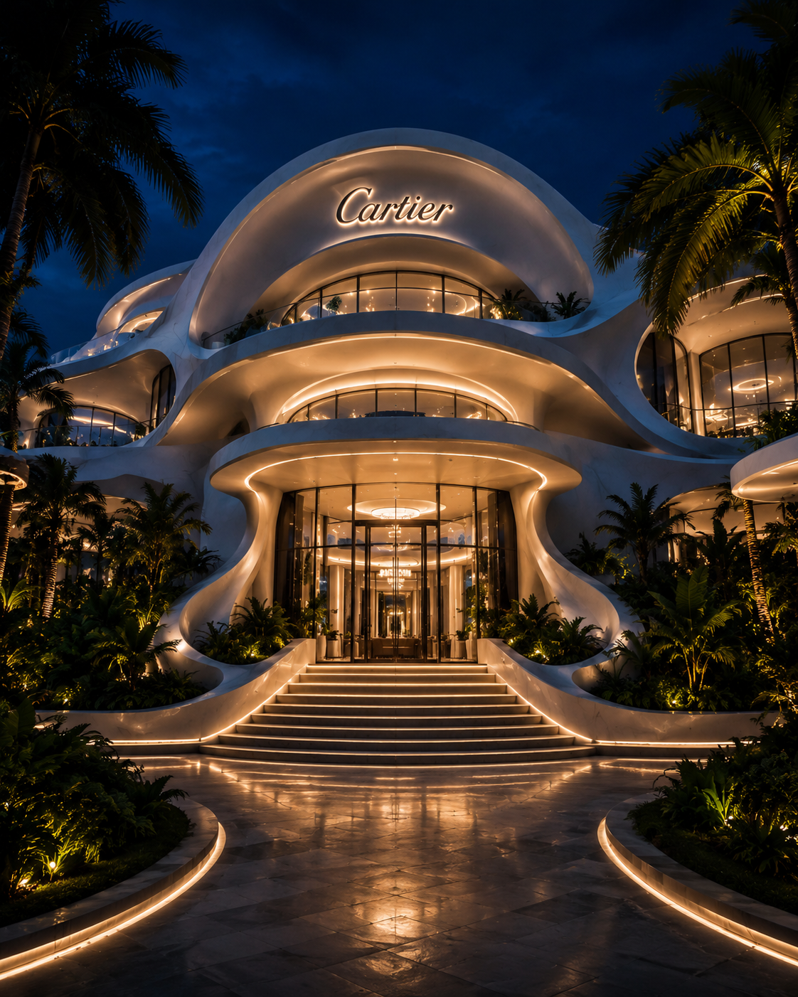 Cartier arrival facade illuminated at blue hour