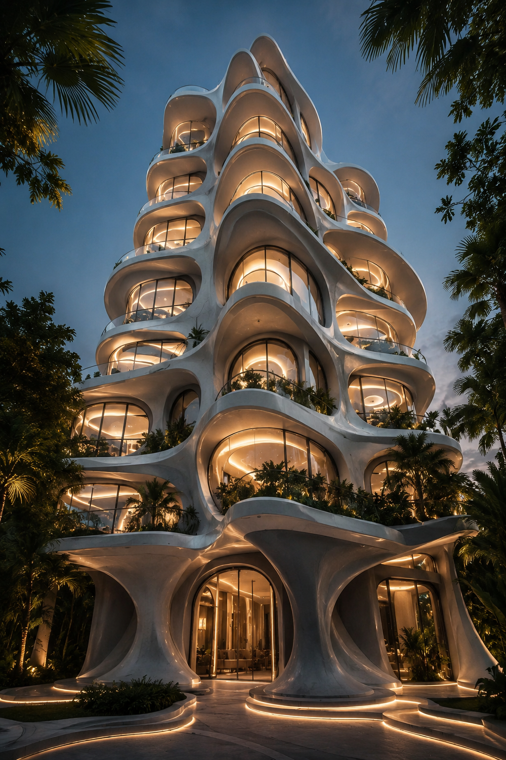 Tower residence rising with rounded balconies and warm internal lighting