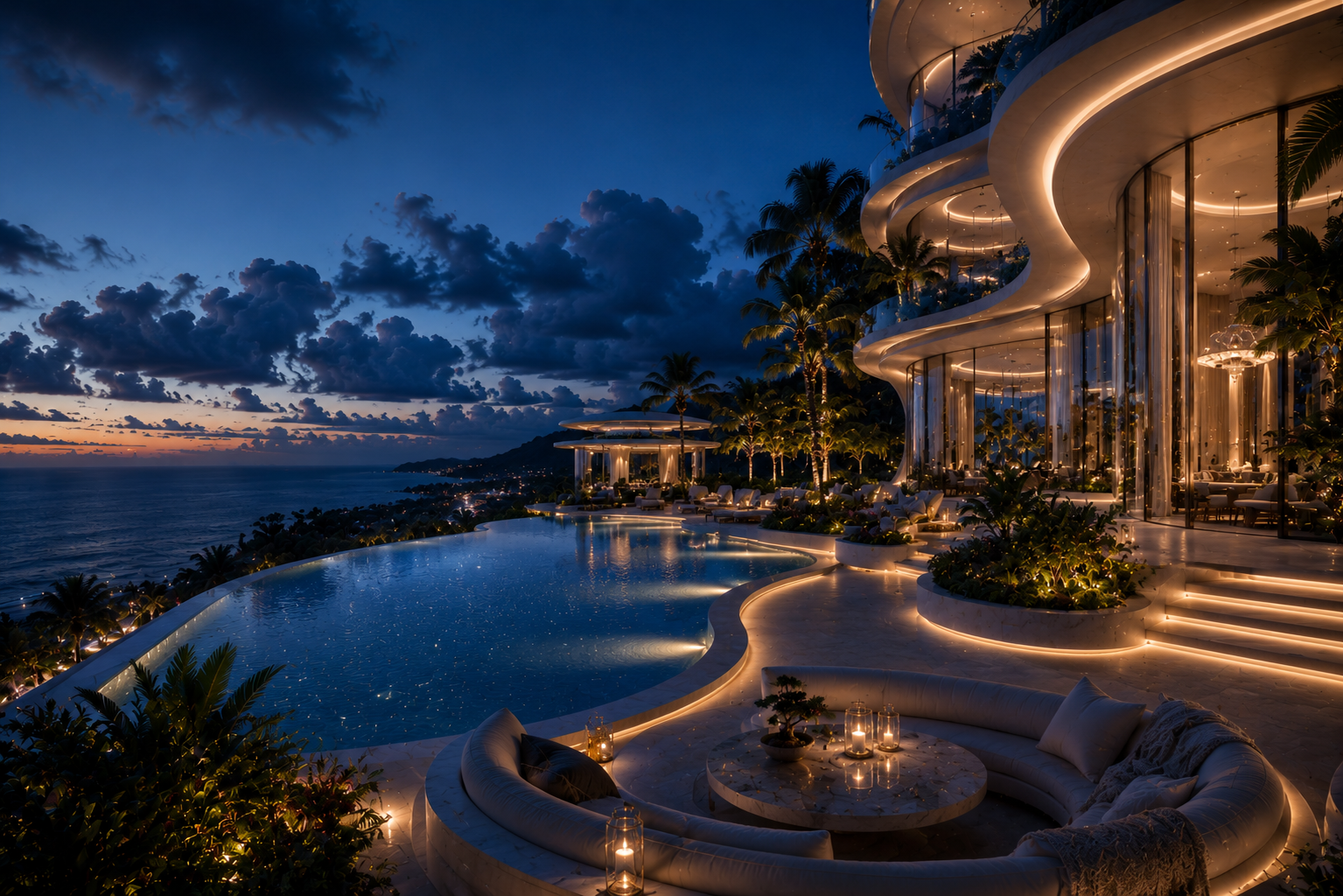 Quiet pool terrace at night suggesting books, water, and warm evening rituals