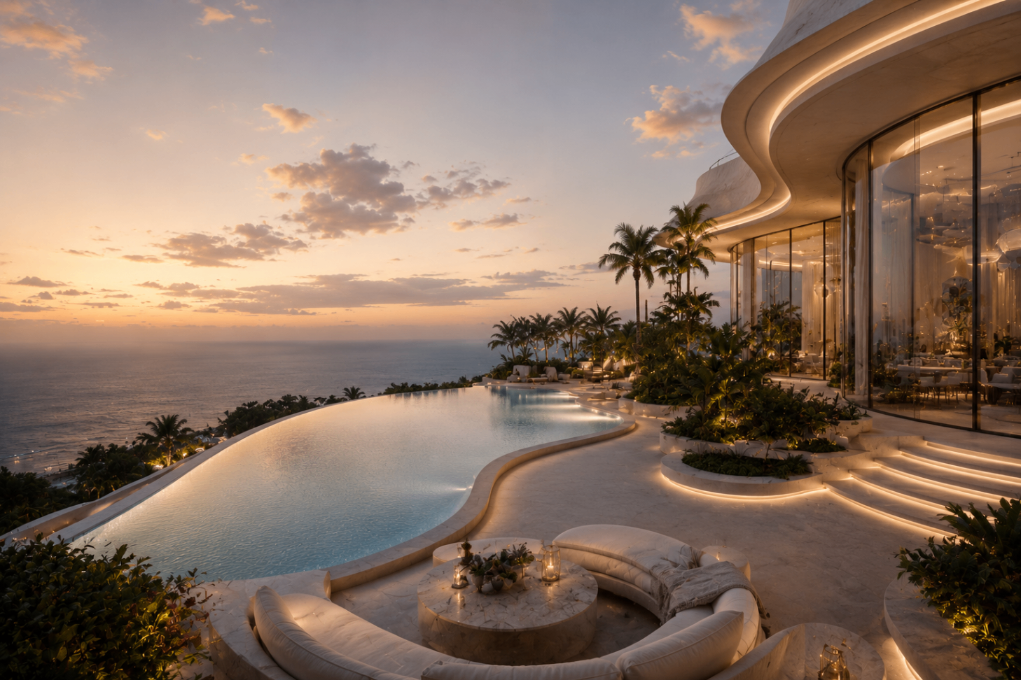 Cartier terrace and pool at sunset