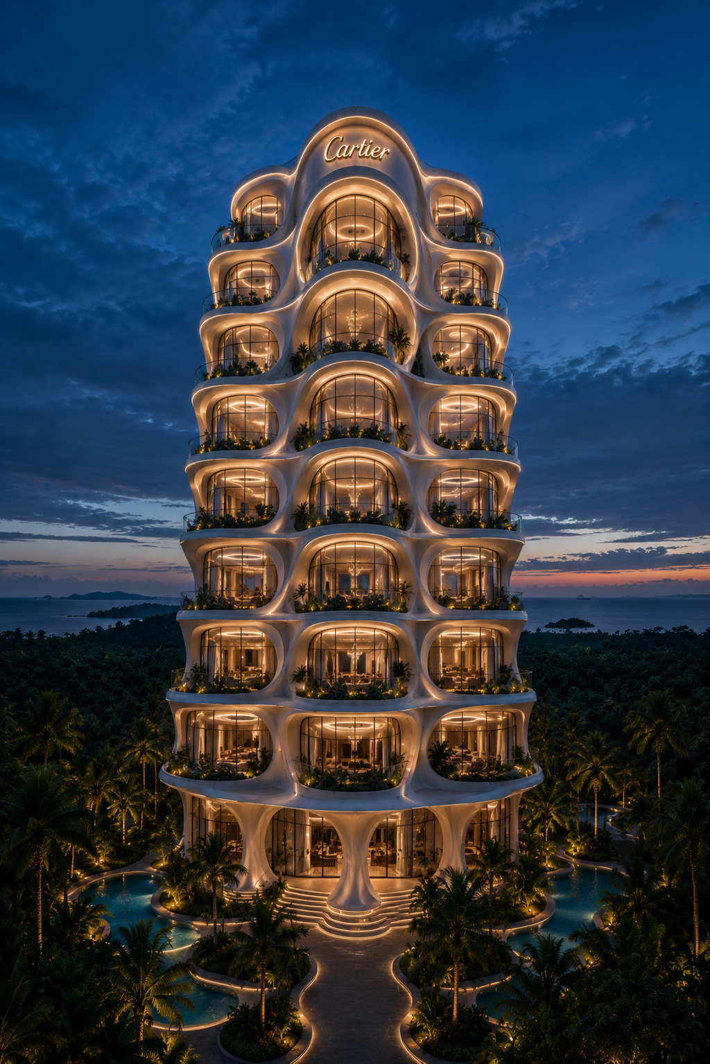 Front view of the Cartier tower at blue hour